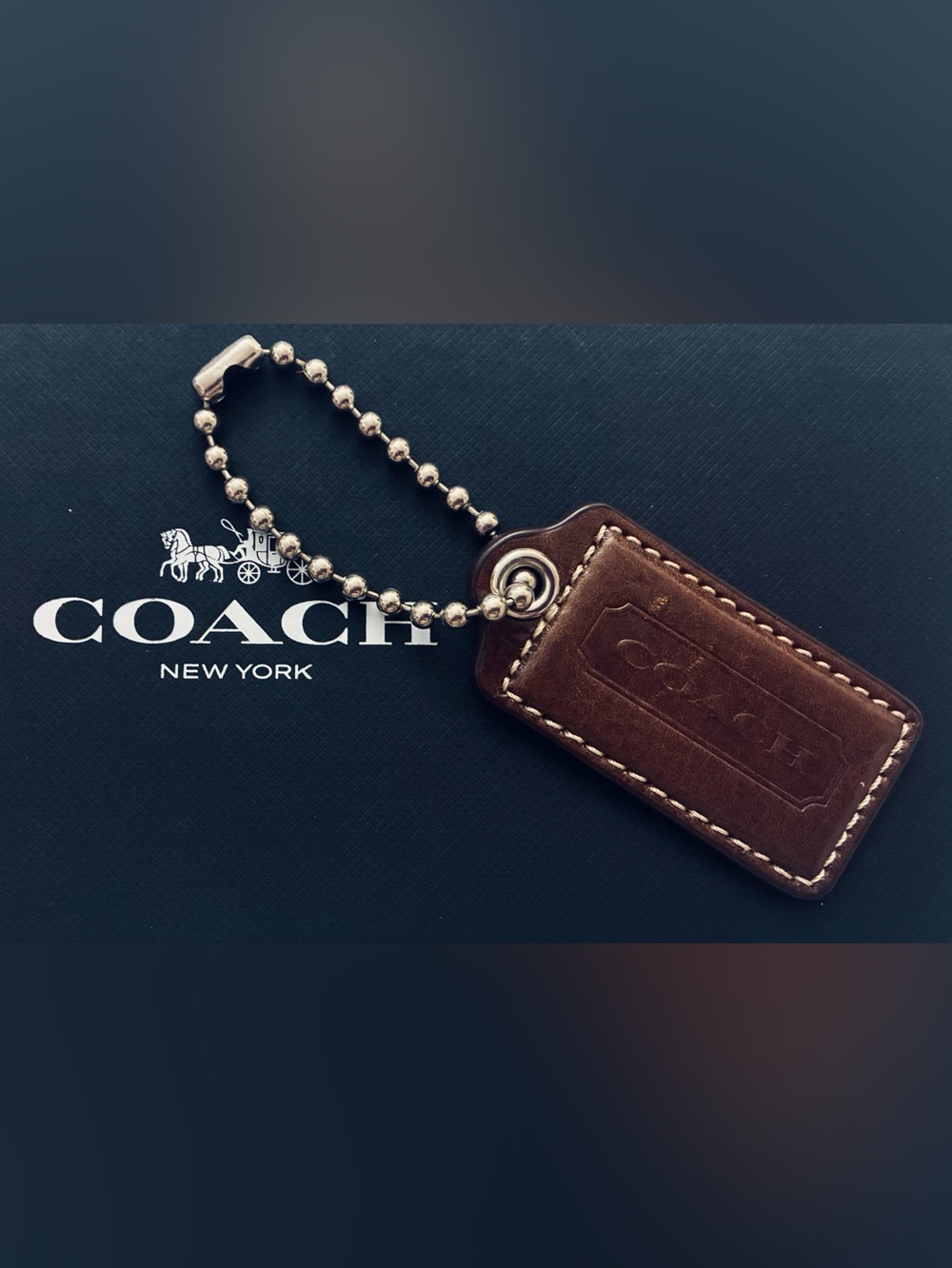 Coach 2.5” Chestnut Brown Leather Hang Tag on Silver Ball Chain